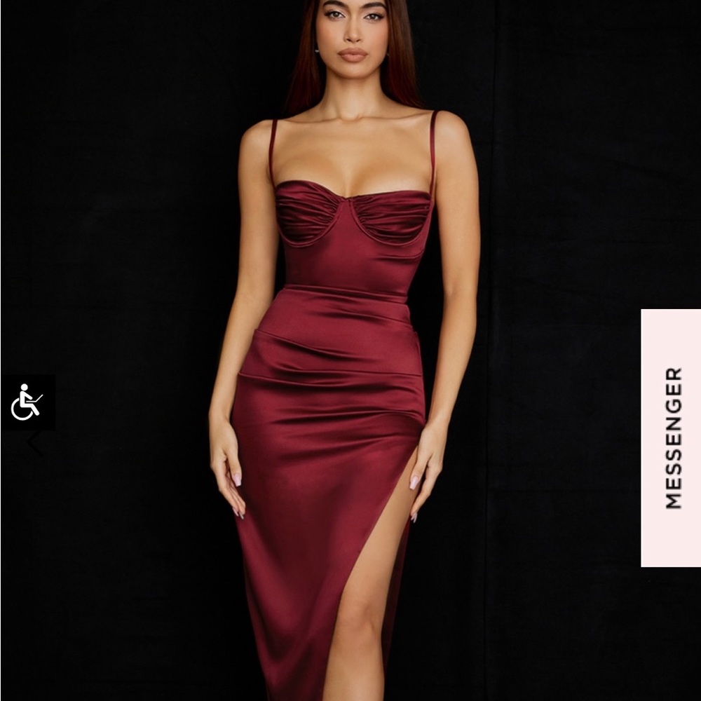 House of CB ‘Flora’ Pleated Satin Midi Wine Dress NWOT